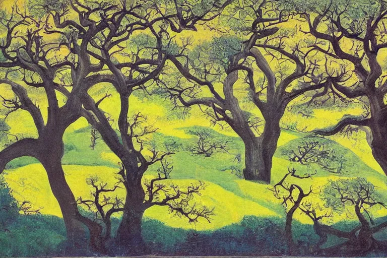 Image similar to masterpiece painting of oak trees on a hillside overlooking a creek, by leng mei lennie lee leo goetz leo leuppi leo lionni leo michelson leo valledor leo and diane dillon leon chwistek leon golub leon kaplinski leon kossoff leon kroll leon polk smith leon wyczołkowski leona wood