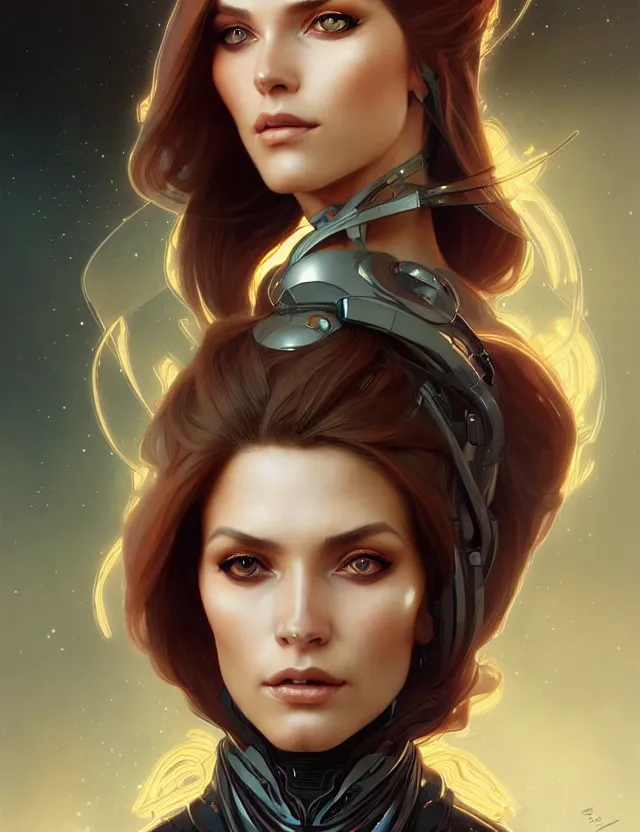 Image similar to futuristic woman portrait, sci-fi, amber eyes, face, long hair, fantasy, intricate, elegant, highly detailed, digital painting, artstation, concept art, smooth, sharp focus, illustration, art by artgerm and greg rutkowski and alphonse mucha