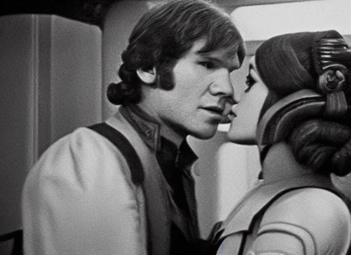 Image similar to screenshot of Han Solo dressed up as an imperial officer kissing Princess Leia Organa, iconic scene from 1970s Star Wars film directed by Stanley Kubrick, in a sci fi shipping port, last jedi, 4k HD, cinematic still frame, photoreal, beautiful portraits, moody lighting, stunning cinematography, lens flare, anamorphic lenses, kodak color film stock