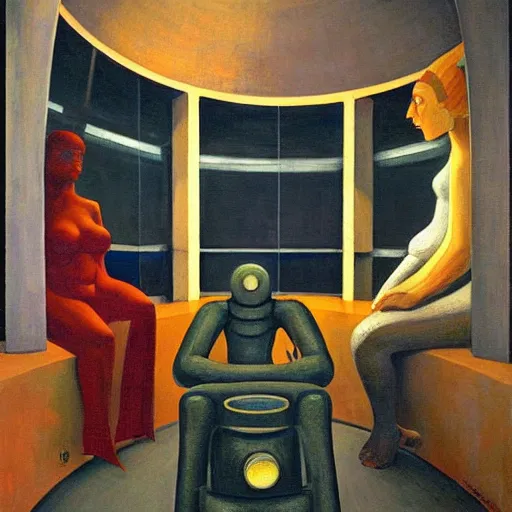 Image similar to three brutalist robotic seers watchers oracles soothsayers inside a dome, pj crook, grant wood, edward hopper, syd mead, oil on canvas