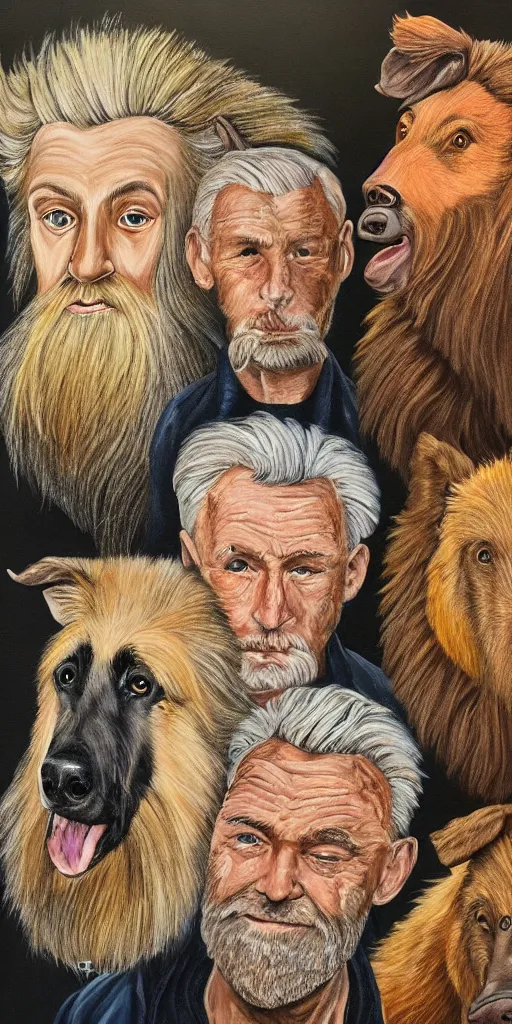 Prompt: beautiful detailed acrylic painting of a fit and mystical elderly man, has blond hair and ginger beard, surrounded by a Belgian shepherd and a wild boar