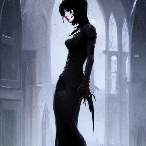 Image similar to female goth human vampire witch in the style of greg rutkowski, makoto shinkai, trending on artstation, character design, concept art, pretty face, forward facing, highly detailed, digital art