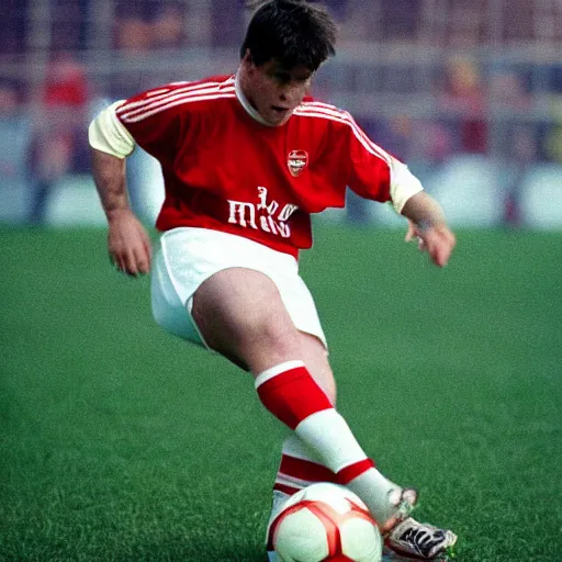 Image similar to brian wilson playing soccer for arsenal fc circa 1997, photorealistic