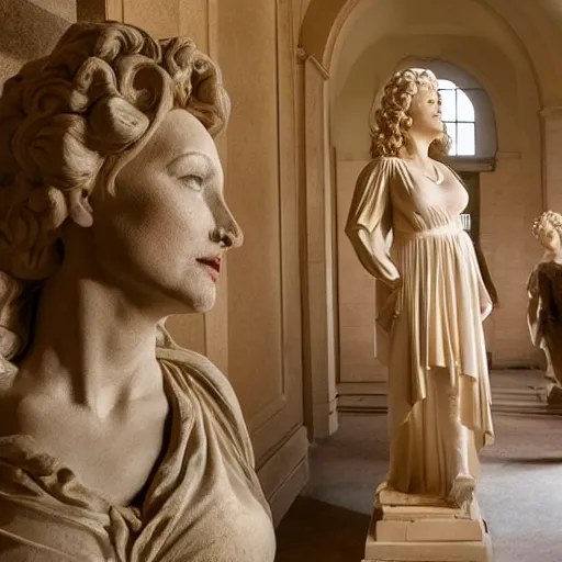 Prompt: a polymer sculpture of Dolly Parton in a museum hall, surrounded by ancient Greek statues, soft sunlight dappling on the hallway, classical architecture, HD award-winning photo