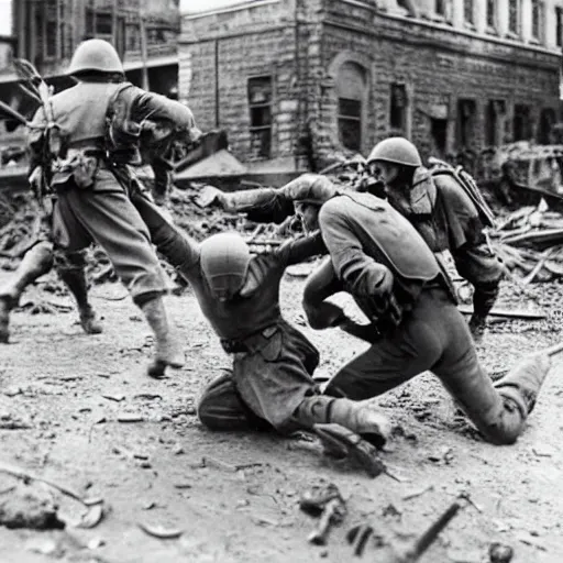 Image similar to world war II photograph of spider-man fighting on the front lines