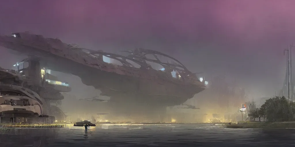 Image similar to render of huge futuristic submarine, by Ian McQue, Rutkowski, lee madgwick and hubert robert, concrete building by le corbusier on the background, puddles of water, trees and bushes, dune style, neon glow, vivid color, moody lighting, unreal engine, bright sunrise, epic skies, foggy