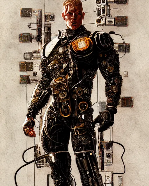 Prompt: cyborg viking portrait, wires and cables, metallic chrome, tattoos, greg rutkowski, full - body character concept art, ismail inceaglu