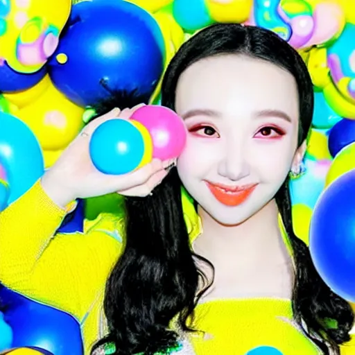 Image similar to a caricature of im nayeon of twice, colorful, bubbles, candy - coated, sugary sweet, yellow and blue
