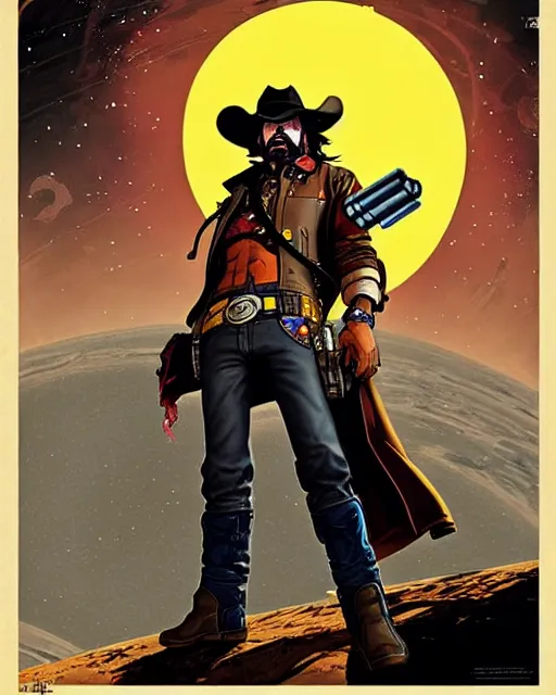 Image similar to mccree from overwatch, space cowboy, character portrait, portrait, close up, concept art, intricate details, highly detailed, vintage sci - fi poster, retro future, in the style of chris foss, rodger dean, moebius, michael whelan, and gustave dore