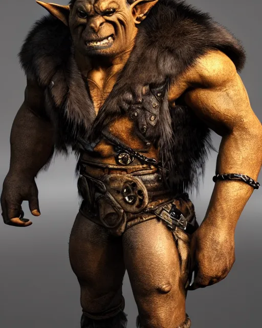 Image similar to A full body shot of a handsome orc looking into the camera wearing a leather fur jacket and boots, full body shot, detailed face, artstation, realistic, highly detailed, symmetrical, hyper realistic, dynamic pose, high detail, octane render, unreal engine, 8k, fantasy art, highly detailed, concept art