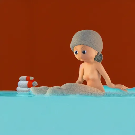 Image similar to 3 d render of a tiny woman wearing a towel surfing in a bathtub in pixar style