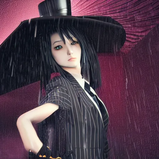 Image similar to stylish anime woman made out of rain, pinstripe suit, top hat, cyberpunk background, rendered in octane, unreal engine, raining, highly detailed, trending on artstation, realistic, neon