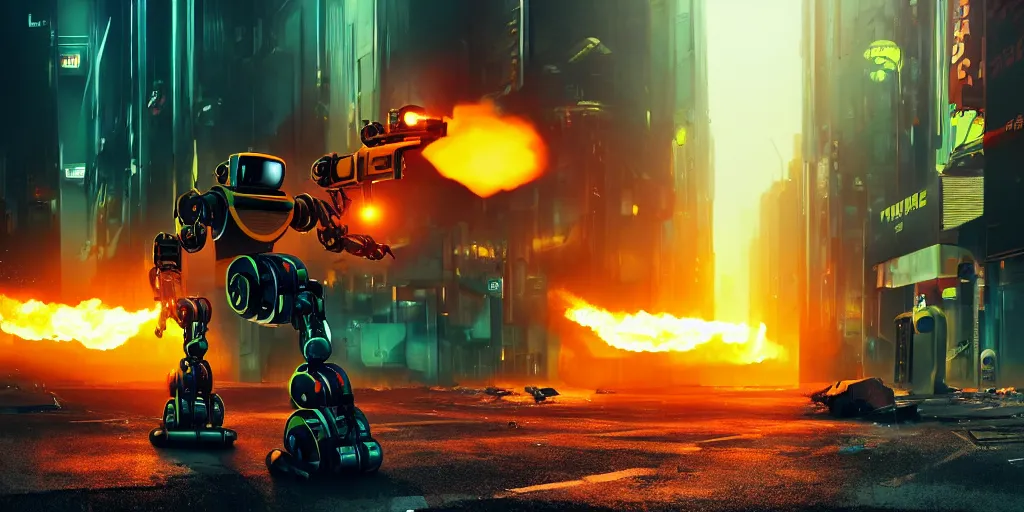 Prompt: robot with nuclear waste barrel body with yellow weapon arms fire shooting at waste lying on the streets of a distopic megacity after a nuclear apocalypse, very coherent symmetrical artwork, cinematic, high detail, octane render, distopic, cyberpunk, unreal engine, 8k, Vibrant colors, Smooth gradients, High contrast, trending on Artstation