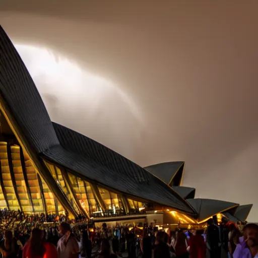 Image similar to a huge tornado going through the sydney opera house, photorealistic, handheld