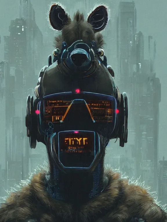 Image similar to new york city portrait of furry anthro anthropomorphic spotted hyena head animal person fursona wearing clothes strange cybernetic muzzle gloomy rainy screenshot from the video game cyberpunk 2077 digital art by Greg Rutkowski, Simon Stalenhag, christopher nolan trending on Artstation, CGSociety