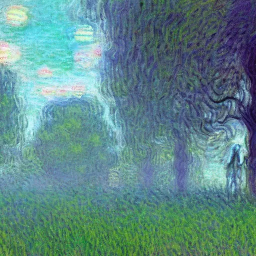 Prompt: a serial experiments lain inspired Claude Monet scenery artwork