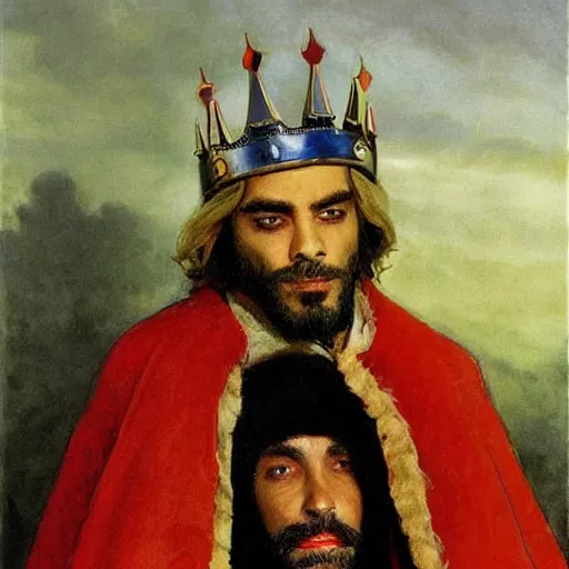 Image similar to King Tommy Chong wears a doublet whilst wearing a red velvet cape and OG Kush Indica helmet ilya repin alexandre benois edward julius detmold jehan choo jeff simpson raphael lacoste guillem h. pongiluppi grisaille