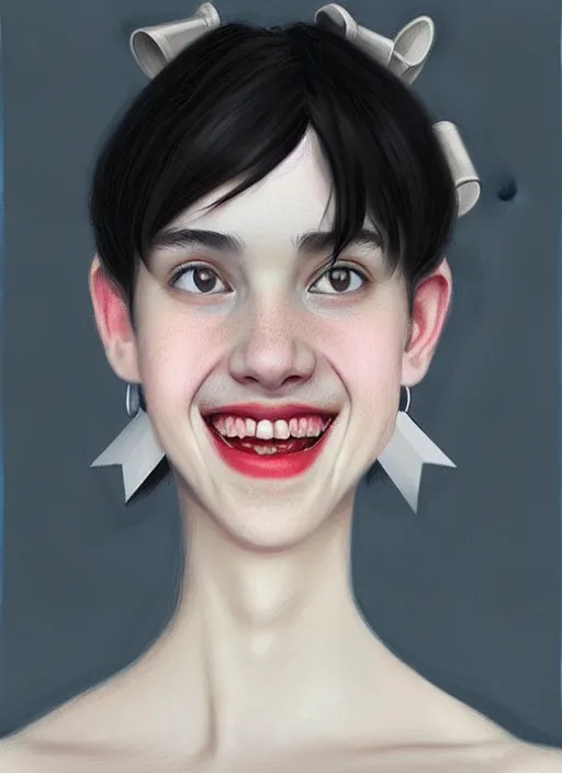 Image similar to portrait of white teenage girl, narrow face, short black hair, bangs, half updo hairstyle, buck teeth, smile, unattractive, defined jawline, long chin, wearing hair bow, earrings, intricate, elegant, glowing lights, highly detailed, digital painting, artstation, sharp focus, illustration, art by wlop, mars ravelo and greg rutkowski