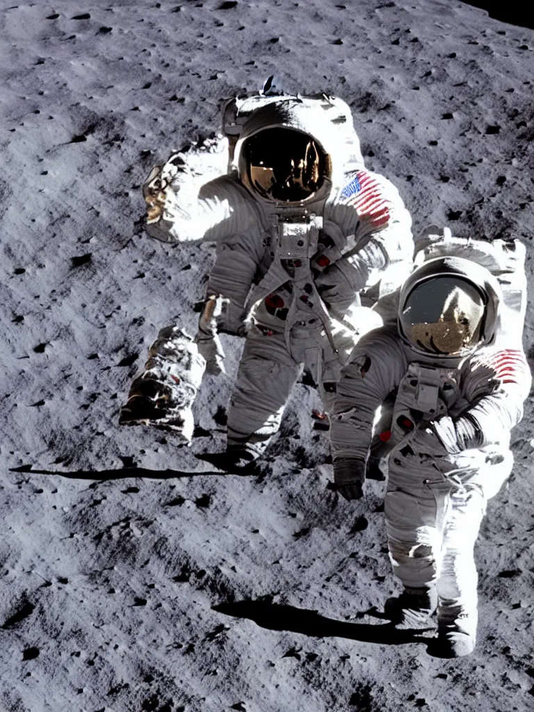 Prompt: new apollo mission footage shows the first person dabbing on the moon, moon landing, astronaut dabs, full hd, captured on canon eos r 6