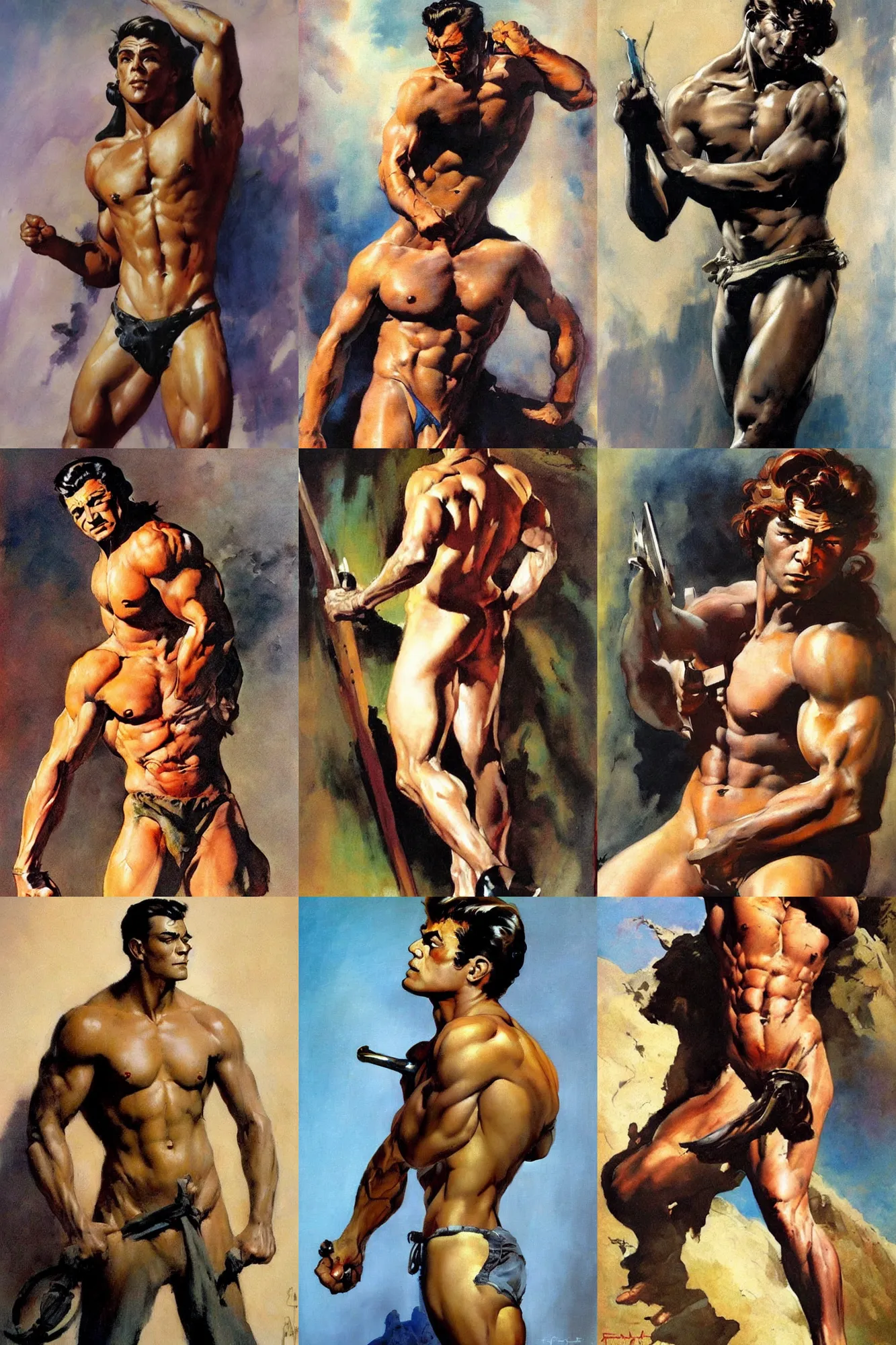 Prompt: attractive male, painting by frank frazetta