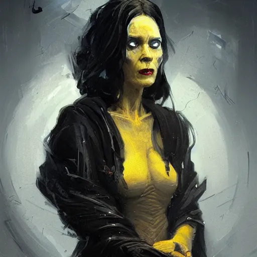 Image similar to portrait of a woman by greg rutkowski, a woman with yellow skin, black lips wearing black robes and a hodd, evil energy, star wars expanded universe, she is about 6 0 years old, highly detailed portrait, digital painting, artstation, concept art, smooth, sharp foccus ilustration, artstation hq