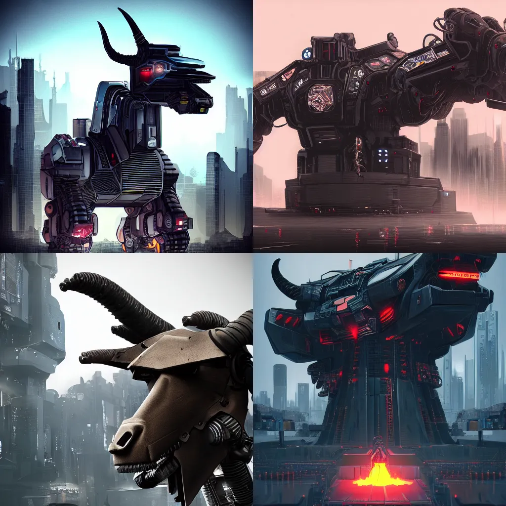 Prompt: cyberpunk art of a giant imposing machine with a robotic evil goat head at the helm