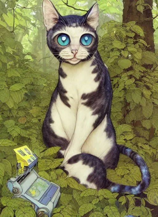 Image similar to a hyper realistic ink cat alien technology and sunbeams blue sky, lush forest foliage painting by chiara bautista and norman rockwell and greg rutkowski weta studio, and lucasfilm