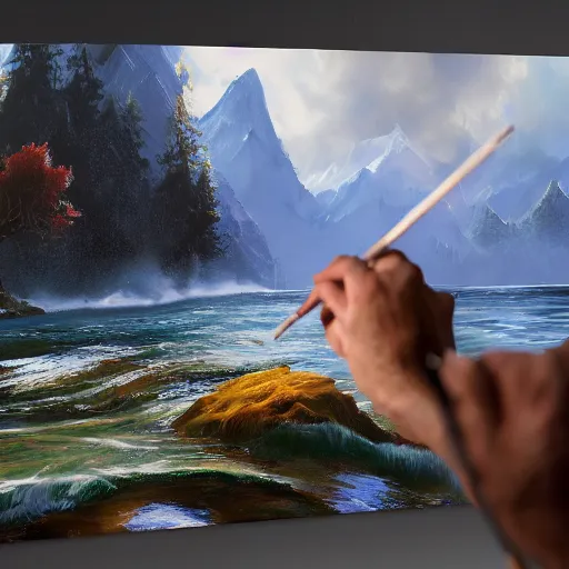 Image similar to a closeup photorealistic photograph of bob ross working on a canvas painting of aquaman. film still. brightly lit scene. mountains and trees. this 4 k hd image is trending on artstation, featured on behance, well - rendered, extra crisp, features intricate detail, epic composition and the style of unreal engine.