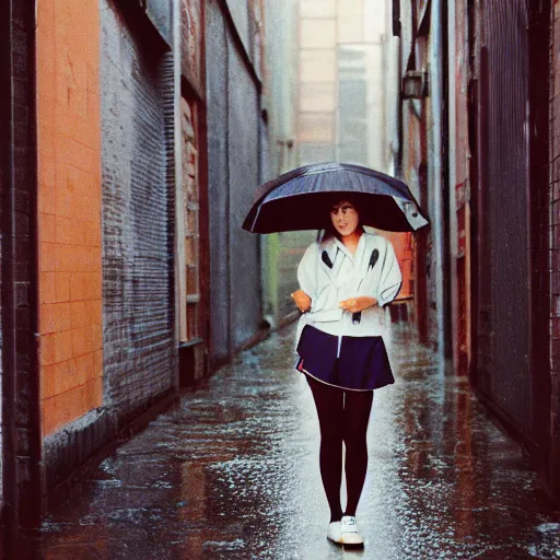 Image similar to 1990s perfect 8K HD professional cinematic photo of close-up japanese schoolgirl posing in sci-fi dystopian alleyway at morning during rain, at instagram, Behance, Adobe Lightroom, with instagram filters, depth of field, taken with polaroid kodak portra