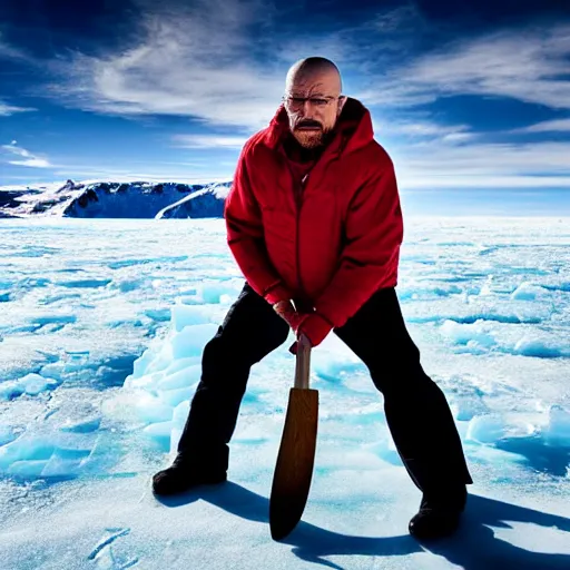 Image similar to Walter White holding an axe in the middle of Antarctica, cold terrain, master shot, moody light, highly realistic, 8k