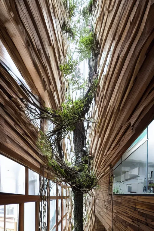 Image similar to urban atriums hyperdetailed hyperrealistic tree house, roots growing from bottom to ceiling, wooden modern decoration