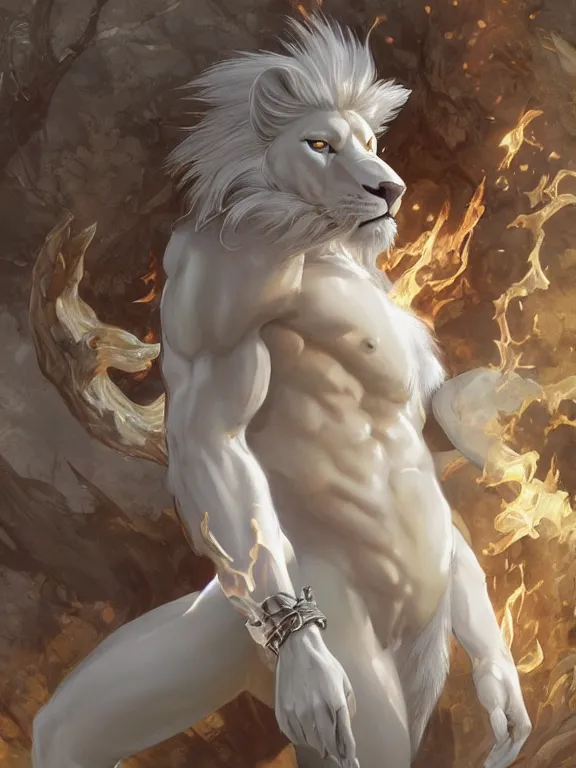 Prompt: muscular male albino anthropomorphic anthro furry white lion summoner with a fire elemental, fantasy, man, intricate, elegant, highly detailed, digital painting, artstation, concept art, wallpaper, smooth, sharp focus, illustration, art by artgerm and greg rutkowski and alphonse mucha