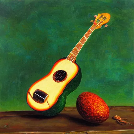 Image similar to avocado ukulele painted by mati klarwein