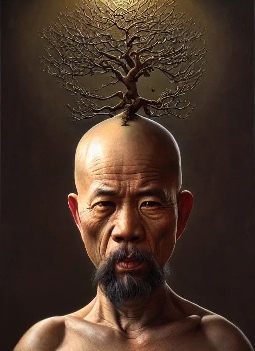 Image similar to monk with a bonsai growing out of his head, intricate, rim light, extremly detailed oil painting, by tomasz alen kopera, cgsociety and fenghua zhong, highly detailed, art, cinematic lighting, very coherent, hyper realism, high detail, 8 k