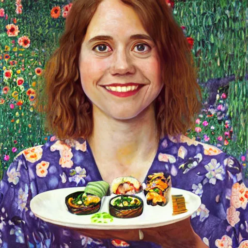 Prompt: a portrait of female Asa Butterfield mixed with Pam beesly, she is eating sushi, content, kind, smiling, surrounded by plants, by gustav klimt