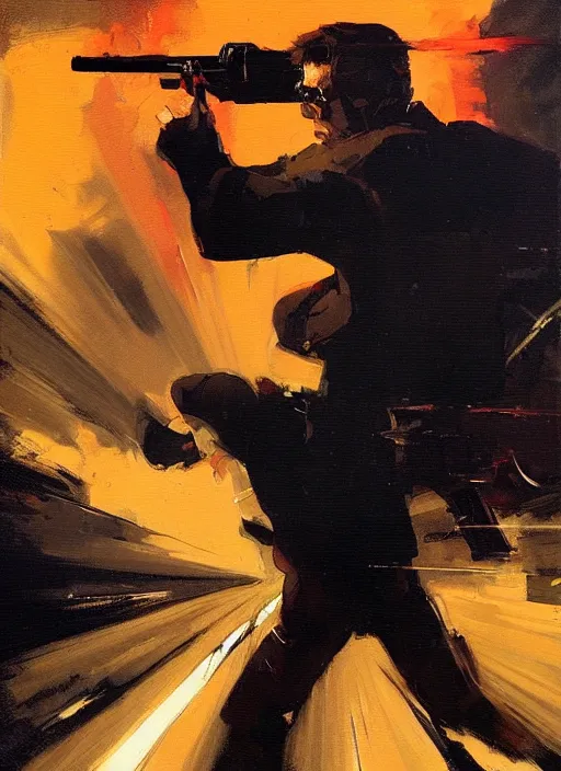 Prompt: tobuscus pointing a gun, shooting, muzzle flash, enraged, painting by phil hale, 'action lines'!!!, graphic style, visible brushstrokes, motion blur, blurry