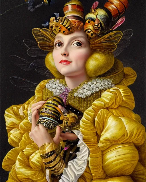 Prompt: the royal queen's bee by greg hildebrant lisa frank fancy rococo baroque regal bee oil painting high quality award winning clothed in fancy garb