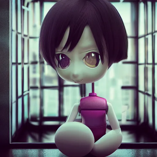 Prompt: cute fumo plush of a plastic shining robot girl in the mirror looking at reflection, not the same person, anime, vray, asymmetry