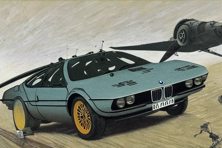 Image similar to bmw m 1 with rocket engines breaking the sound barrier across salt flats dieselpunk by caspar david friedrich and wayne barlowe and ted nasmith