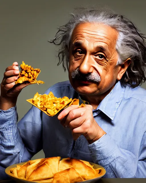 Image similar to A photo of Albert Einstein eating Samosa, highly detailed, trending on artstation, bokeh, 90mm, f/1.4