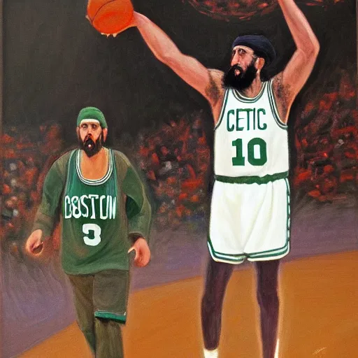 Image similar to facial portrait of osama bin laden shooting free throws, boston celtics, oil on canvas by william sidney mount