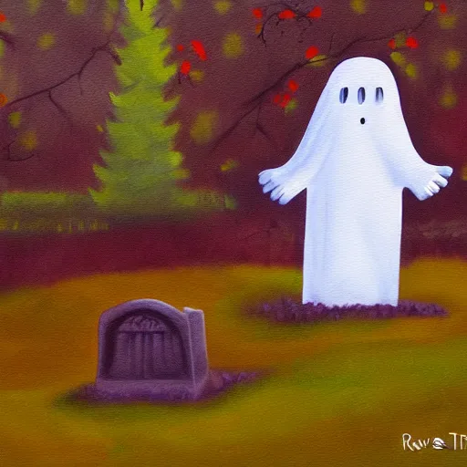 Prompt: robbie trevino painting of a strange ghost in a graveyard