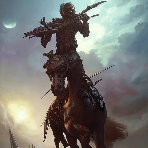 Prompt: scifi dynamic character portrait Painting of a futuristic pirate riding a horse, dystopian mood, intricate, wild, highly detailed, digital painting, artstation, concept art, smooth, sharp focus, illustration, art by artgerm and greg rutkowski and alphonse mucha and roger deakins
