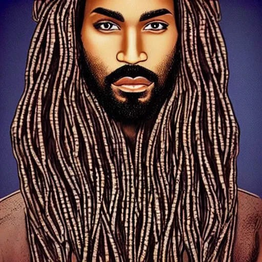 Image similar to prince with a beard and long hair, dark skin, Arabic, highly detailed, hyperrealistic