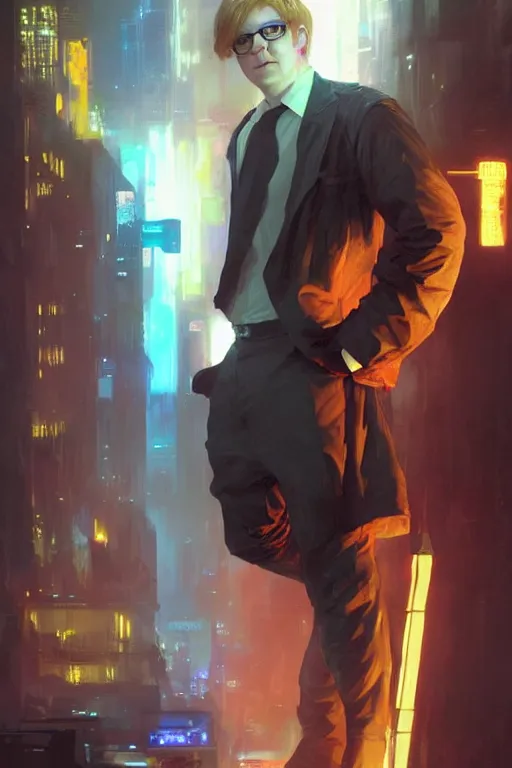 Image similar to portrait of Rupert Grint as Ron Wisly in cyberpunk, neon lighting, night city, digital art from artstation by Ruan Jia and Mandy Jurgens and Artgerm and william-adolphe bouguereau and Greg Rutkowski