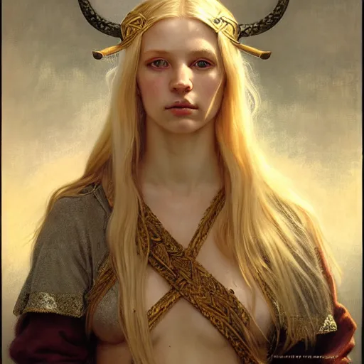 Image similar to portrait of a blond viking girl, surreal, fantasy, intricate, elegant, dramatic lighting, highly detailed, lifelike, photorealistic, digital painting, artstation, concept art, smooth, sharp focus, illustration, art by John Collier and Krenz Cushart and Artem Demura and Alphonse Mucha and Albert Aublet