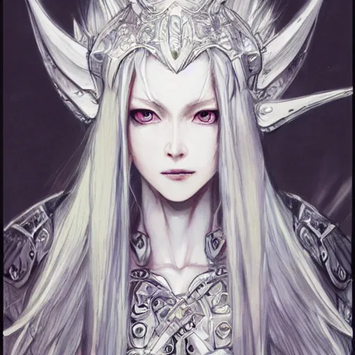 Image similar to a drawing of a woman with long white hair, wearing ornate armor, a character portrait by yoshitaka amano, featured on pixiv, fantasy art, official art, androgynous, anime