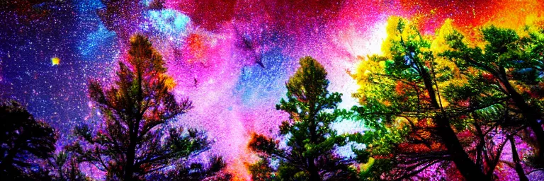 Prompt: beautiful trees, colorful stars and galaxies, trending on artstation, hd photography