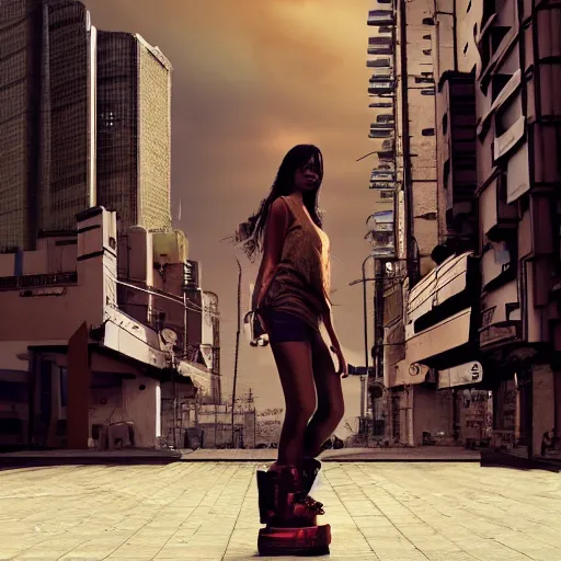 Prompt: a fashion model, creative, brown skin, digital art, photo manipulation, artstation, standing, cyberpunk, giant, street, duck shoes, up there, photoshop