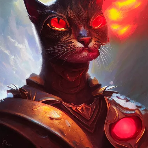 Prompt: portrait of an evil cat man as a paladin in full shining armor with huge beautiful red glowing eyes, oil painting, digital painting, intricate detail, vivid color, neon color, artwork by ross tran